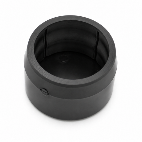 A black cylindrical Structural PVC Joiner for Sierra38 Tube Profile with an open top, thick walls, and a side screw, ideal for LED diffuser tube connections or lighting installations, shown on a white background.