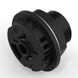 Zhaga Book 18 Z10 Receptacle—black plastic mechanical part with a cylindrical shape, grooves, ridges, and an inner circular opening—resembling an IP66 waterproof connector and photographed on a white background.