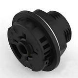 Zhaga Book 18 Z10 Receptacle—black plastic mechanical part with a cylindrical shape, grooves, ridges, and an inner circular opening—resembling an IP66 waterproof connector and photographed on a white background.
