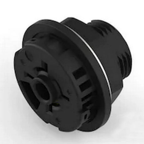 Zhaga Book 18 Z10 Receptacle—black plastic mechanical part with a cylindrical shape, grooves, ridges, and an inner circular opening—resembling an IP66 waterproof connector and photographed on a white background.