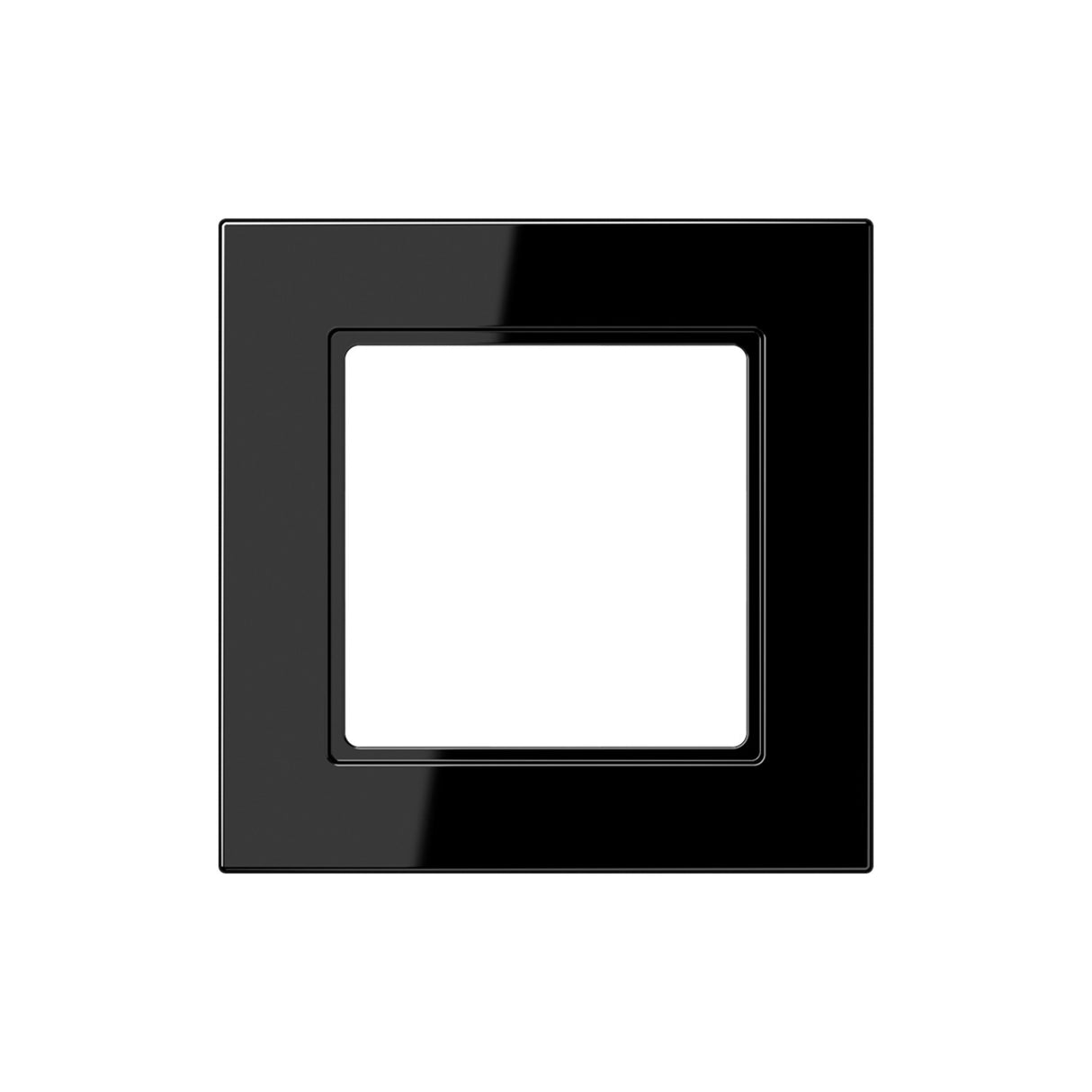 The Thermoplastic 1‑Gang Surface Mount Cap, Model A 5581 BF A, is a glossy black square frame with a large central cutout and a high-gloss finish, shown against a white background.