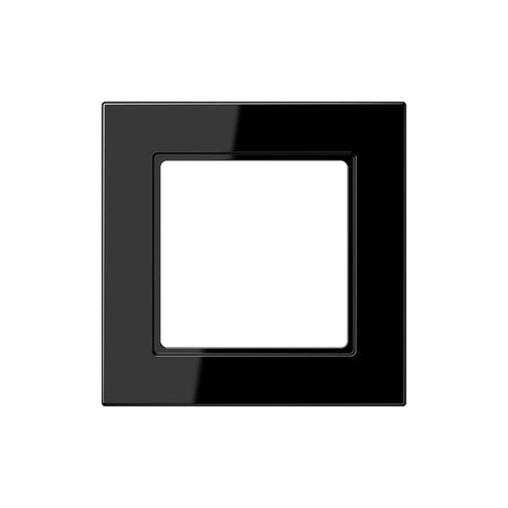 The Thermoplastic 1‑Gang Surface Mount Cap, Model A 5581 BF A, is a glossy black square frame with a large central cutout and a high-gloss finish, shown against a white background.