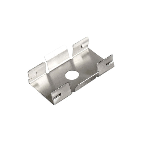 The Mounting Clip for Amsterdam Mini Profile is a rectangular aluminum piece with raised edges, slotted side tabs, and a central circular hole, shown on a white background.