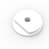A white, round, flat Plastic End Cap for Sierra38 Profile with a central hole and diagonal groove on top, resembling a thick washer, shown on a white background.