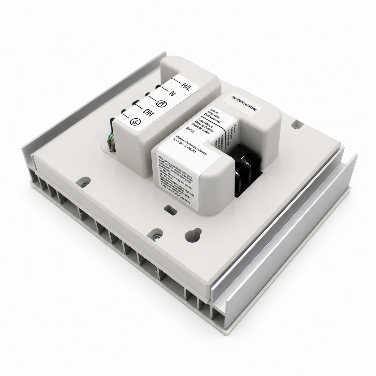 Single-zone dimming interface, model PHPM-PA-120-WH, by Lutron—a rectangular electronic device with labeled terminals mounted on a white base, featuring multiple screw holes and metallic brackets on each side for secure installation. Designed as a phase-adaptive power module for controlling 120 V lighting loads or functioning as an LED dimmer, all set against a white background.