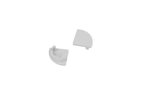 Two small, white End Caps for D1 Click Cover made from ABS are shown on a plain white background; one has pegs and slots for secure fitting to LED channels, while the other is smooth and flat.