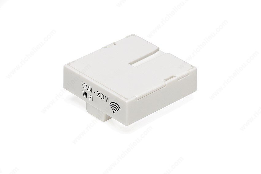 A white rectangular CM4-XDM Wi-Fi Module, labeled “Smart Wireless LED Controller for X-Driver D-Motion (24V),” features a Wi-Fi symbol in the corner and is displayed against a plain white background.