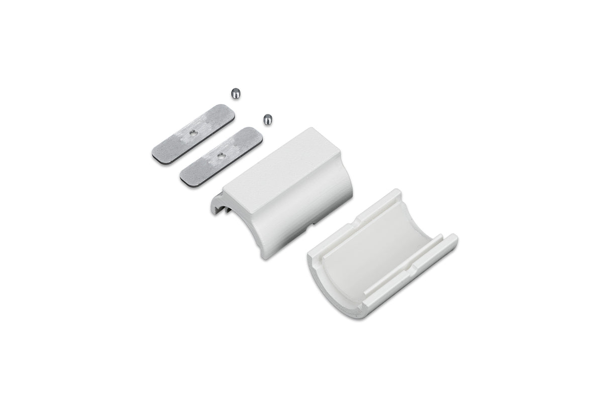 Two metal mounting plates with screws and two white plastic bracket components—parts of the Through Holder for Arc12 Duo Profile bendable LED channel—are displayed on a plain white background, shown separated and neatly arranged.