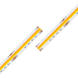 Two Tunable White COB IP20 High CRI LED Strips (24V) from the UniCCT Series, featuring yellow diodes and visible circuit elements, are arranged diagonally and parallel on a white background. These strips provide precision illumination with high color rendering, making them ideal for environments where color accuracy is essential.