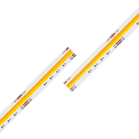 Two Tunable White COB IP20 High CRI LED Strips (24V) from the UniCCT Series, featuring yellow diodes and visible circuit elements, are arranged diagonally and parallel on a white background. These strips provide precision illumination with high color rendering, making them ideal for environments where color accuracy is essential.
