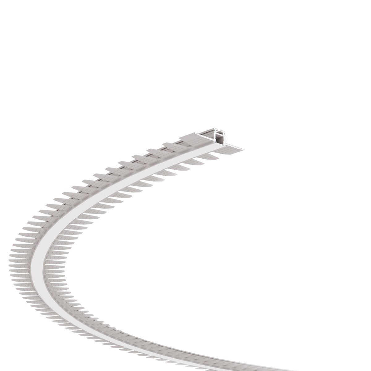 The 0.39 Bendable Drywall LED Lighting Channel (Model Klus KOZEL-10-BD) is a curved, segmented white plastic or metal channel with evenly spaced tabs along its edge, extending upward and to the left against a white background.