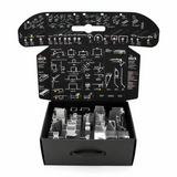 The Topmet LED Channel Sample Case is an open black box with assorted aluminum profile samples for architectural models, plus detailed assembly instructions and diagrams printed on the inside flaps of the lid.