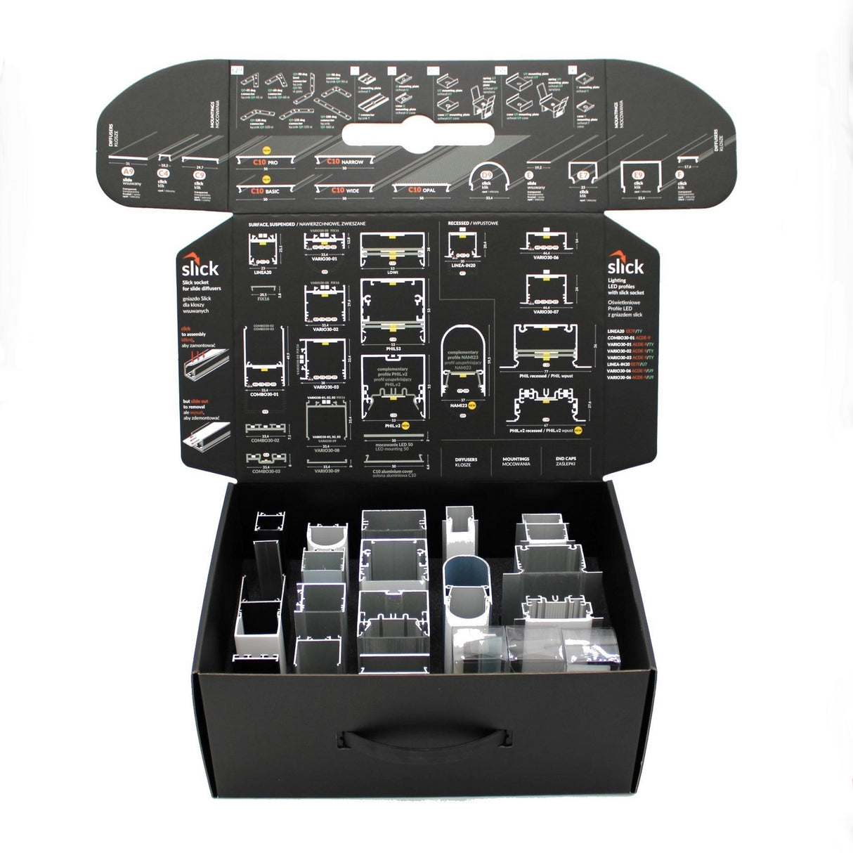 The Topmet LED Channel Sample Case is a black handled box that opens to display neatly organized aluminum profile samples, with diagrams and descriptions on the lid—ideal for showcasing architectural LED profiles.