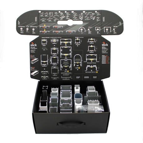 The Topmet LED Channel Sample Case is a black handled box that opens to display neatly organized aluminum profile samples, with diagrams and descriptions on the lid—ideal for showcasing architectural LED profiles.