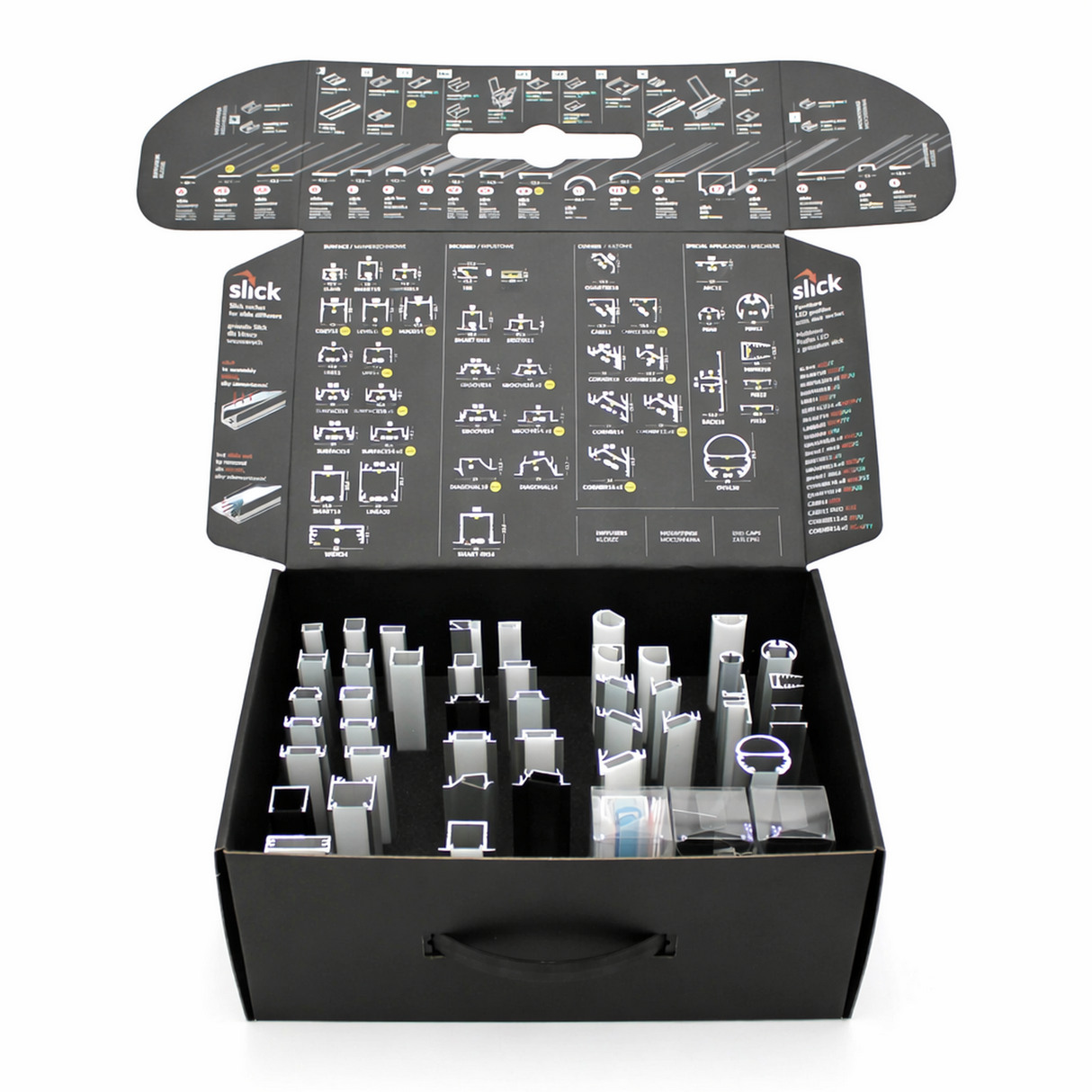 The Topmet LED Channel Sample Case is a black box with a handle, featuring organized slots displaying various architectural and aluminum profile samples, and detailed diagrams printed inside the lid for a professional product presentation.
