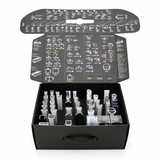 The Topmet LED Channel Sample Case is a black box with a handle, featuring organized slots displaying various architectural and aluminum profile samples, and detailed diagrams printed inside the lid for a professional product presentation.