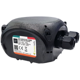 The AIR-BRIDGE-DMX Wireless DMX Transmitter and Receiver System is a black, oval device with I/O ports and a side label featuring technical details and LumenRadio branding. Perfect for advanced lighting control. Shown on a plain gray background.