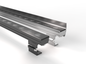 Two LED Wall Washer Lights (Model Alphaeus 3 MO50), one black and one silver, are mounted on adjustable brackets against a white background. Each features a row of circular lenses along its length.