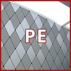 A ceiling view reveals a repeating diamond-patterned ALPOLIC/PE Series Lightweight Aluminum Composite Material Panel, framed by a red border and large red PE letters centered on the image.