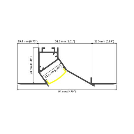 Technical drawing of the Recessed Wall Wash LED Lighting Channel ~ Model Acapulco, showing five labeled dimensions (19.4 mm, 51.1 mm, 23.5 mm, 34 mm, 21.4 mm), ideal for indirect linear lighting; measurements in both mm and inches.