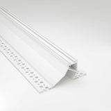 The Recessed Wall Wash LED Lighting Channel ~ Model Acapulco is a white angled plastic trim with multiple round holes along its flat edge, perfect for LED profile use in construction or drywall, shown on a plain white background.