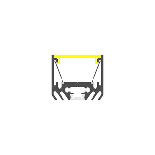 Cross-section diagram of the Surface Mount LED Strip Channel ~ Model Alu-Epoxy2, showing a black and gray aluminum profile with a yellow highlighted top segment and angled inner lines, ideal for LED strips, on a white background.