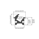A technical diagram of the Recessed Angular LED Channel (Model Amsterdam Mini) shows a cross-sectional profile for architectural lighting, with labeled dimensions: width 13.3 mm (0.52), height 11.8 mm (0.46), plus other inner measurements.