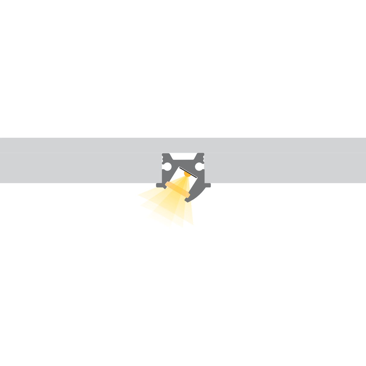 Minimalist illustration of the Recessed Angular LED Channel ~ Model Amsterdam Mini, an aluminum overhead fixture mounted on a gray ceiling beam, casting a yellow cone of light onto a white background.