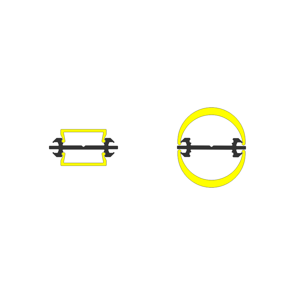 Two black Double-Sided Bendable LED Channel fixtures (Model Arc12 Duo) are displayed. The fixture on the left is highlighted with a yellow hexagon outline, while the one on the right is encircled by a bold yellow ring. These graphic accents focus attention on the Arc12 Duo channels against a white backdrop, evoking their precise and streamlined design aesthetic.