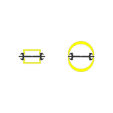 Two black Double-Sided Bendable LED Channel fixtures (Model Arc12 Duo) are displayed. The fixture on the left is highlighted with a yellow hexagon outline, while the one on the right is encircled by a bold yellow ring. These graphic accents focus attention on the Arc12 Duo channels against a white backdrop, evoking their precise and streamlined design aesthetic.