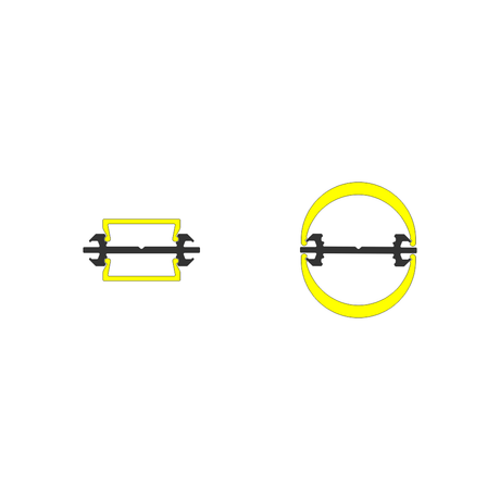 Two black Double-Sided Bendable LED Channel fixtures (Model Arc12 Duo) are displayed. The fixture on the left is highlighted with a yellow hexagon outline, while the one on the right is encircled by a bold yellow ring. These graphic accents focus attention on the Arc12 Duo channels against a white backdrop, evoking their precise and streamlined design aesthetic.