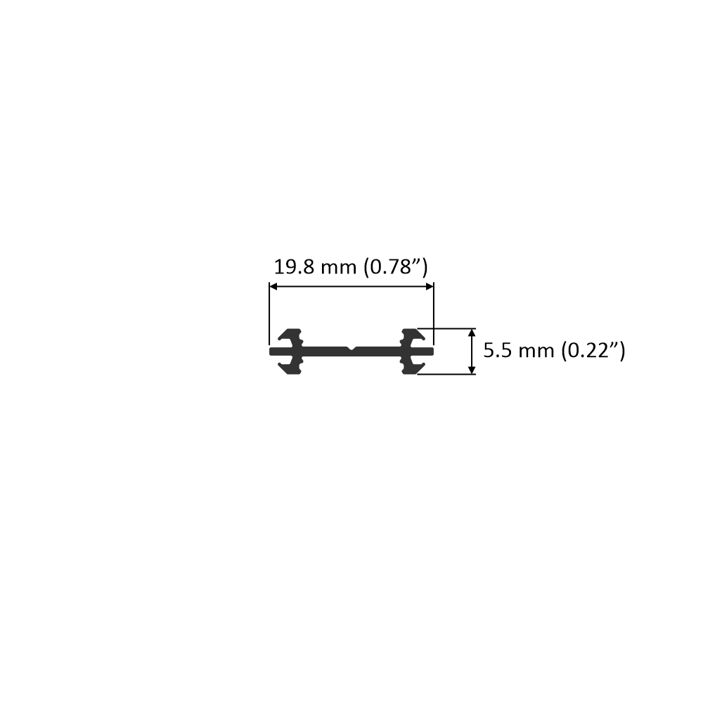 The Double-Sided Bendable LED Channel ~ Model Arc12 Duo is a black extrusion profile featuring clearly labeled dimensions: 19.8 mm (0.78 inches) in width and 5.5 mm (0.22 inches) in height. Designed for flexible lighting fixture applications, it is displayed against a white background.