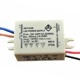 The Single Output Mini LED Constant Current Driver (350mA) is a rectangular power supply with printed specs, 100-240V AC input, constant 3.9-5V DC output at 350mA, and attached wires on both sides for easy installation.
