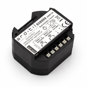 The Casambi Smart Relay with Dual Switch is a black rectangular module featuring terminal connectors, a white label with technical specs including model 808888, electrical ratings, CE marking, and wiring diagrams on its dual actuator design.