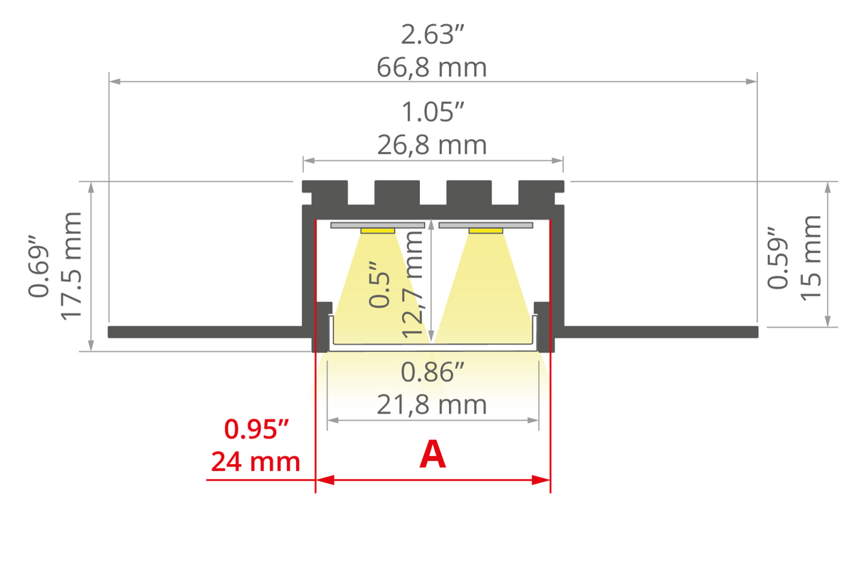 Cross-section diagram of the 1.05 Bendable Drywall LED Lighting Channel (Model Klus KOZUS-BD) with fins, showing: height 0.69 (17.5mm), width 2.63 (66.8mm), inner diameter 0.95 (24mm), and inner height 0.5 (12.7mm); ideal as a curved LED lighting profile.