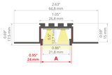 Cross-section diagram of the 1.05 Bendable Drywall LED Lighting Channel (Model Klus KOZUS-BD) with fins, showing: height 0.69 (17.5mm), width 2.63 (66.8mm), inner diameter 0.95 (24mm), and inner height 0.5 (12.7mm); ideal as a curved LED lighting profile.