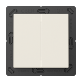 The Casambi 2-Button Wireless Wall Switch (Model Jung BLE A 595) is a white double switch on a black square base, labeled OBEN and TOP at the top edge, with border markings and operates battery-free.