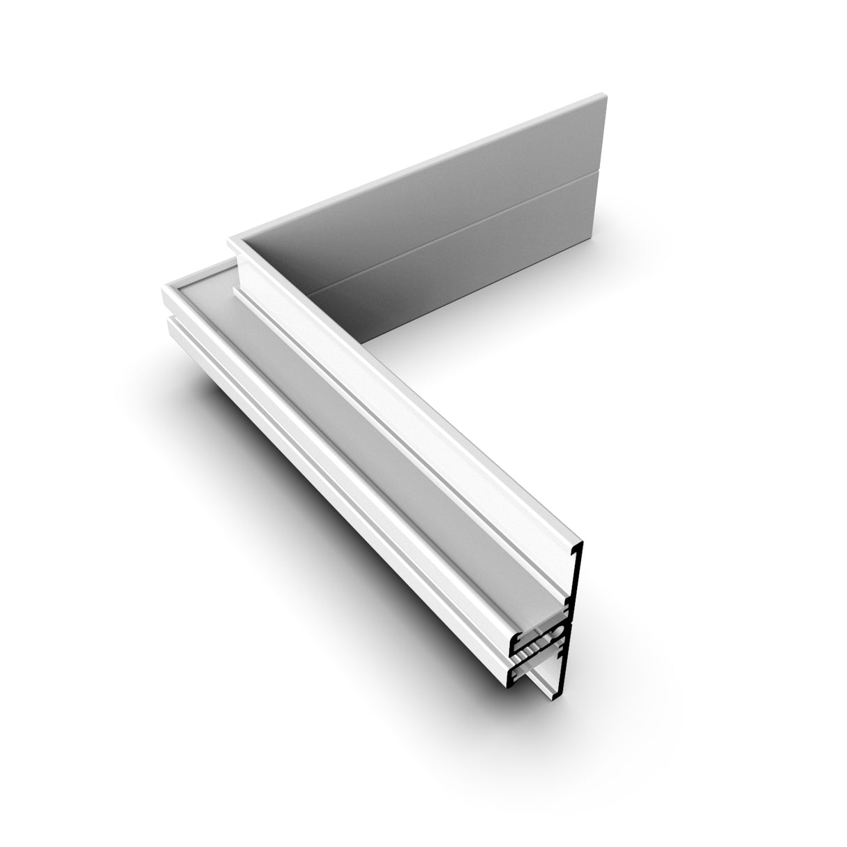 A 3D render of a white, L-shaped aluminum 90 Degree Corner Connector for Back10 Profile shows its cross-section and internal structure, displayed on a plain white background.