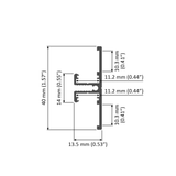 Cross-sectional diagram of the Dual Backlighting Wall LED Channel (Model Back10), ideal for LED channel use, with labeled dimensions: 40 mm tall, 13.5 mm wide, 14 mm inner height, two 11.2 mm and two 10.3 mm segments (imperial in parentheses).