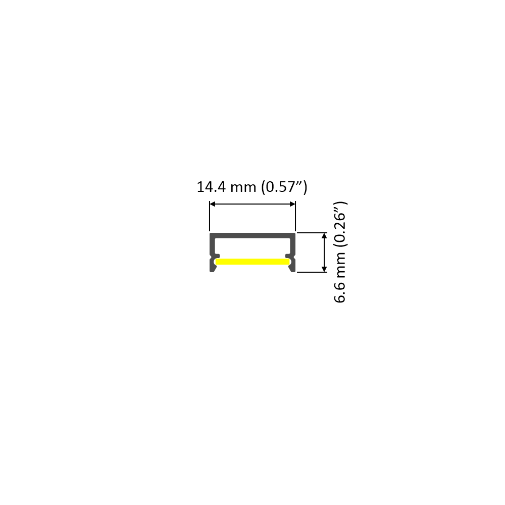 The Lightweight Surface Mount LED Channel, Model Begton12, features a yellow base and is ideal for wardrobe lighting. It measures 14.4 mm (0.57") wide by 6.6 mm (0.26") tall, with measurements indicated by double-headed arrows.