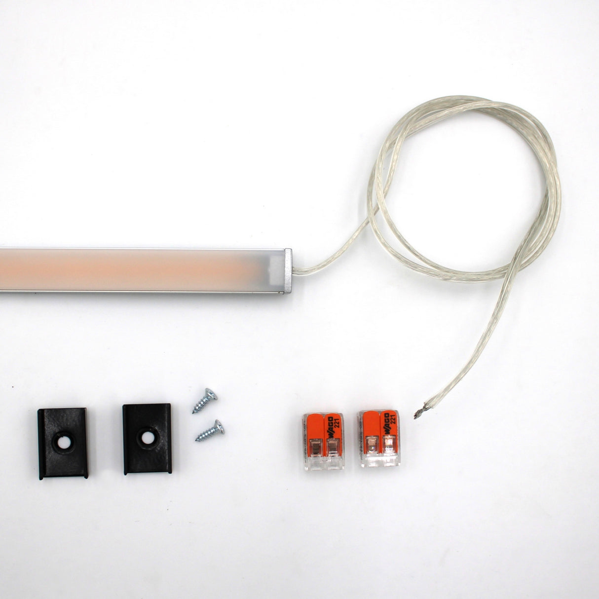 The White Universal Surface-mount LED Lighting Fixture (Begton12 Series) features a dotless LED strip with clear wire, two black brackets, screws, and orange connectors—perfect for modern under-cabinet or surface-mounted lighting.