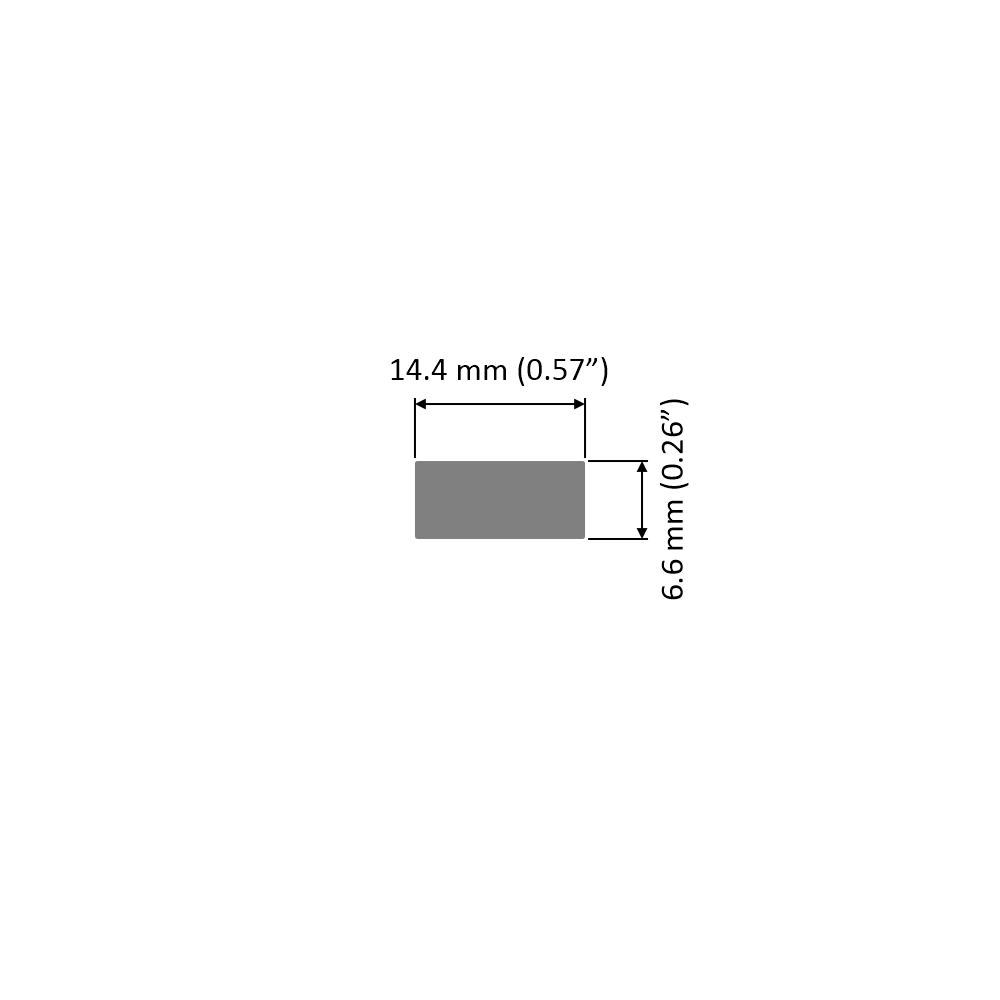 A gray rectangle labeled 14.4 mm (0.57") wide by 6.6 mm (0.26") tall illustrates the White Universal Surface-mount LED Lighting Fixture (24V), Begton12 Series—perfect for compact or under-cabinet lighting applications.