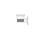 A gray rectangle labeled 14.4 mm (0.57") wide by 6.6 mm (0.26") tall illustrates the White Universal Surface-mount LED Lighting Fixture (24V), Begton12 Series—perfect for compact or under-cabinet lighting applications.