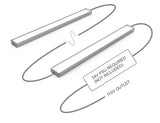 Diagram of two White Universal Surface-mount LED Lighting Fixtures (24V, Begton12 Series) connected by cables for under-cabinet lighting, showing connection to a 24V power supply unit (not included) and a 110V outlet.