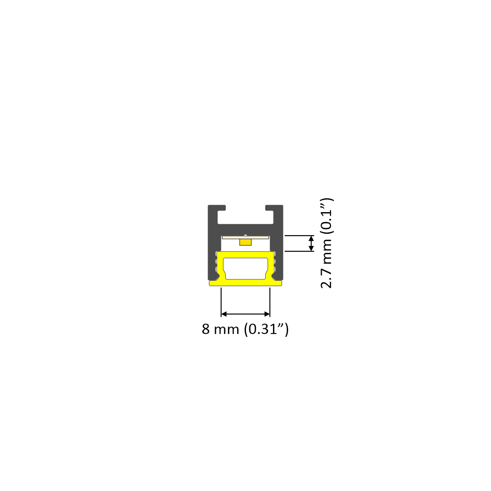 Cross-section diagram of the 0.51″ Suspended/Surface Mount Bendable LED Channel ~ Model Bend8, measuring 8 mm (0.31 in) in width and 2.7 mm (0.1 in) in height.