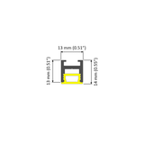 Cross-section diagram of the 0.51″ Suspended/Surface Mount Bendable LED Channel ~ Model Bend8, shown as a bendable profile with a yellow base and dimensions of 13 mm (0.51″) wide by 14 mm (0.55″) tall.