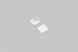 Two small white square End Cap for Bend8 Profile pieces, one shown from the top and one shown from the underside with mounting pegs.