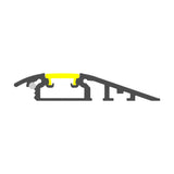 A cross-sectional diagram of the Floor Transition Strip LED Channel ~ Model Broadway, showing its ramped, interlocking design with a central yellow LED section, plus internal supports and attachment points.