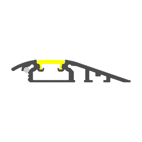 A cross-sectional diagram of the Floor Transition Strip LED Channel ~ Model Broadway, showing its ramped, interlocking design with a central yellow LED section, plus internal supports and attachment points.