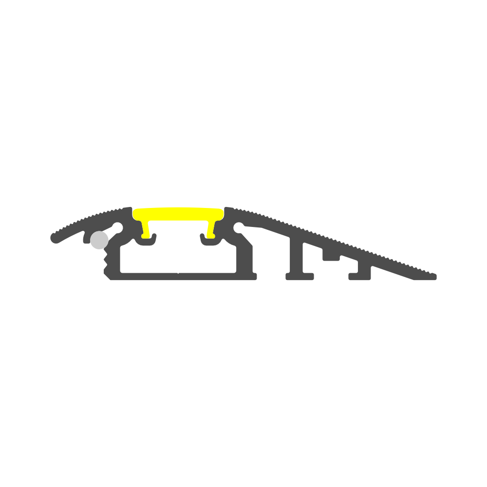 Cross-sectional diagram of the Floor Transition Strip LED Channel ~ Model Broadway, featuring a yellow top, black and gray base components, and integrated LED channel, displaying structure and connecting parts.